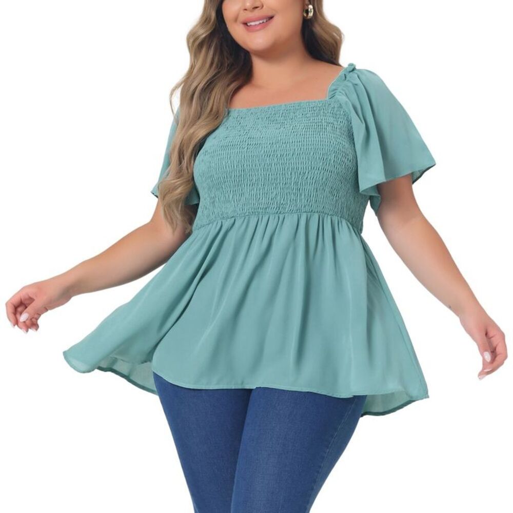 Women's Plus Size Square Neck Short Sleeve Ruffle Hem Blouse Green 4X